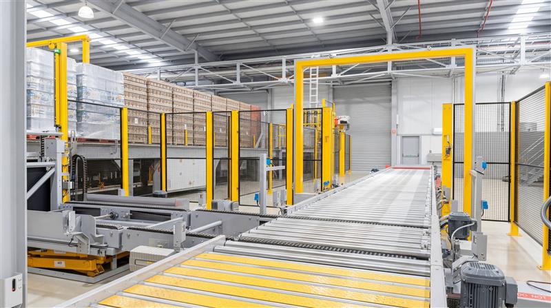 Golvconveyor med pallar i lagermiljö