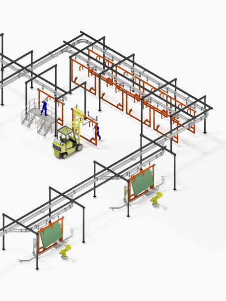 3D-illustration av golvconveyorsystem