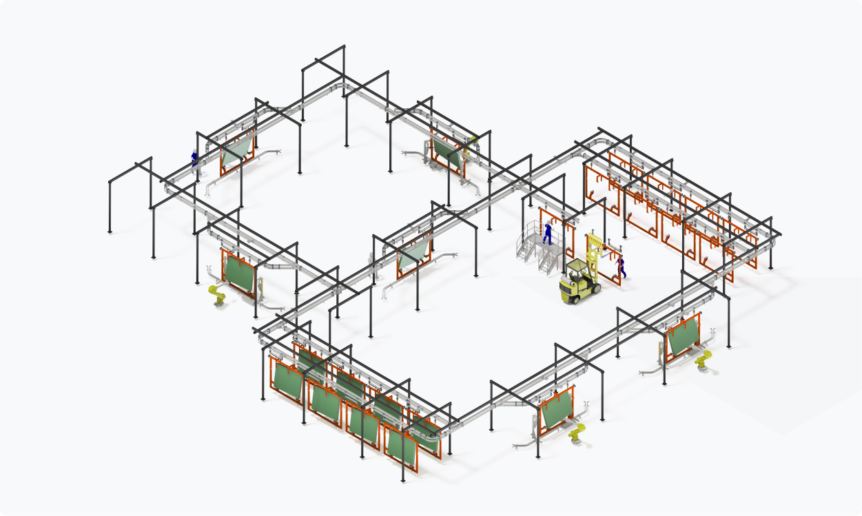 3D-illustration av conveyorlayout