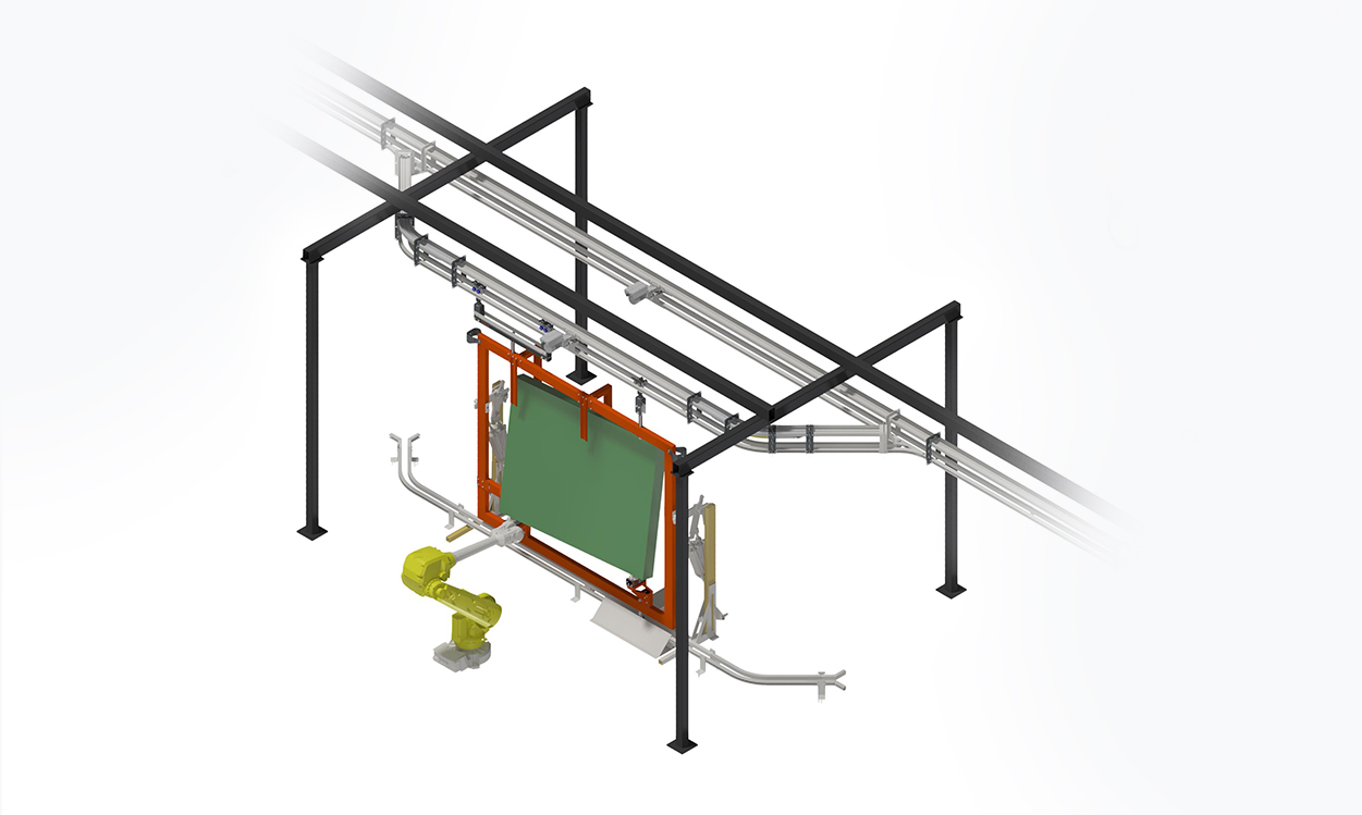 3D-illustration av OCS hängconveyor med vagn och lastbärare